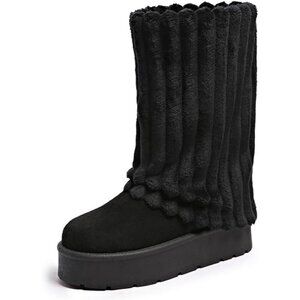 ✨Women's Black Platform Fur Boots Fuzzy Fleece Lined Ankle Anti-Slip Booties